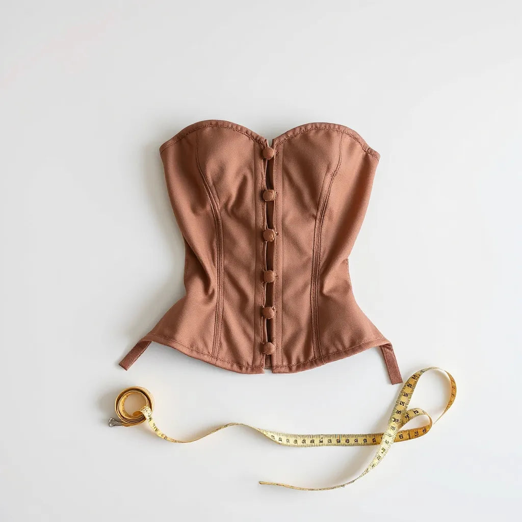 Corset modelant beige avec mètre ruban à côté, ambiance lumineuse et minimaliste