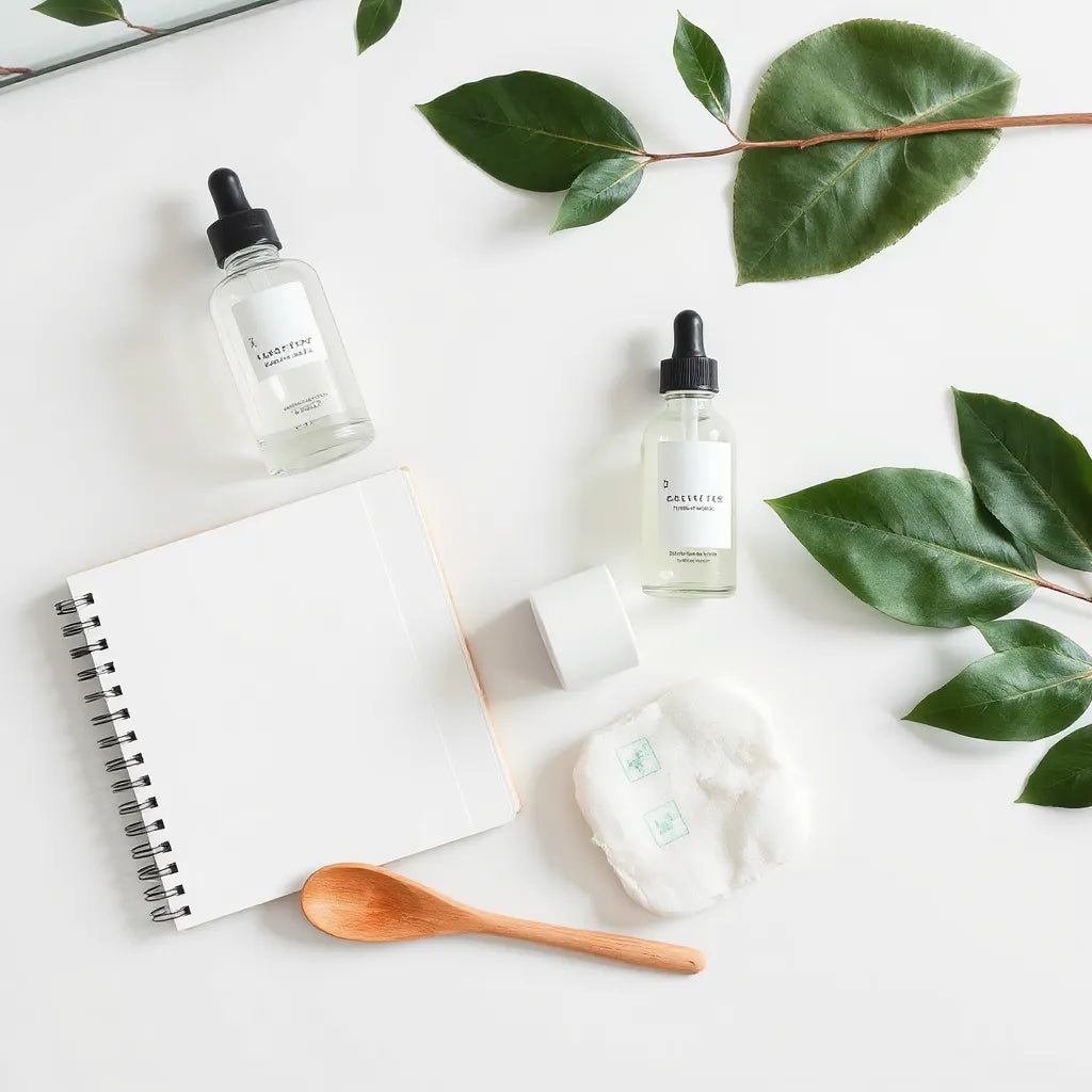 Skincare items and cotton pads on a vanity with soft natural leaves in the background