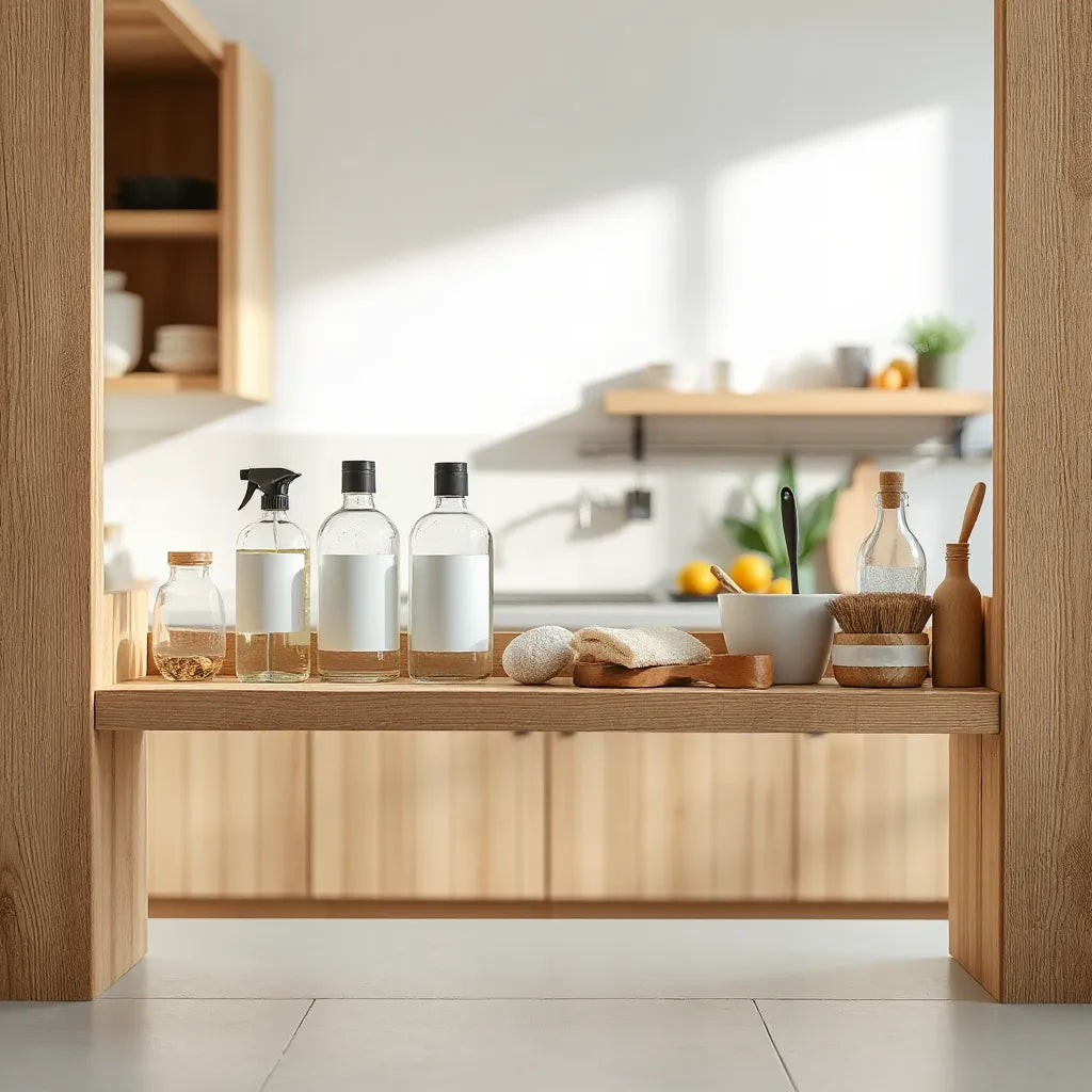 Flacons en verre et accessoires de nettoyage naturels sur une étagère de cuisine lumineuse