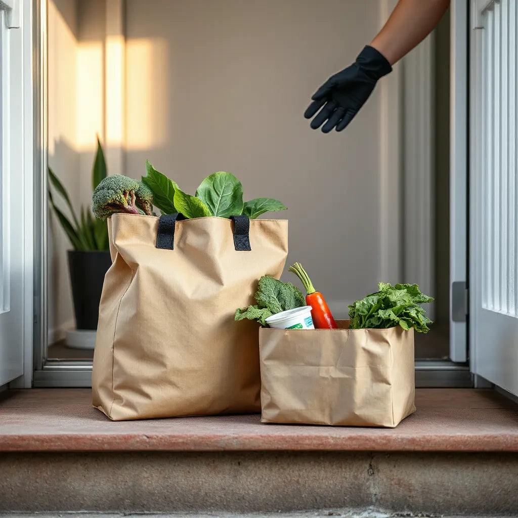 Sachet isotherme et produits frais bio déposés à la porte, avec légumes verts et boîte d’épicerie.