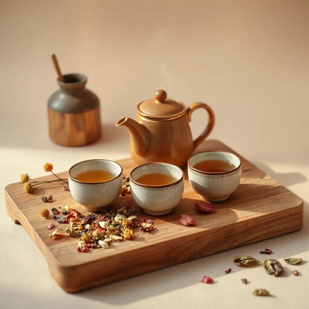 Tasses de tisanes haut de gamme et ingrédients séchés, avec une petite théière fumante sur un plateau en bois