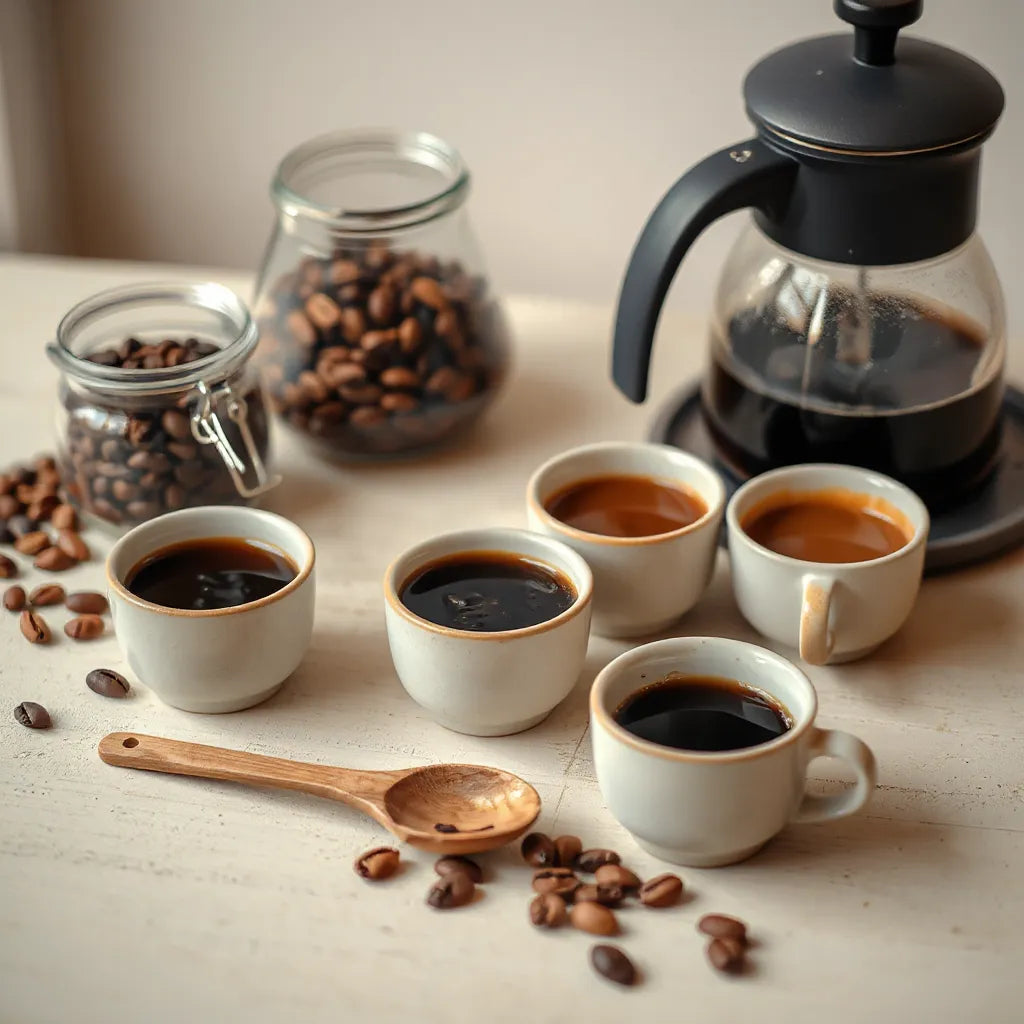 Petites tasses de café et bocaux de grains sur une table en bois, lumière naturelle douce